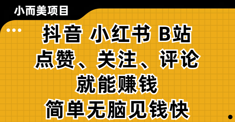 小而美的项目，抖音、小红书、B站视频点赞、关注、评论就能赚钱，简单无脑立见收益！妥妥的零撸项目_网创掘金